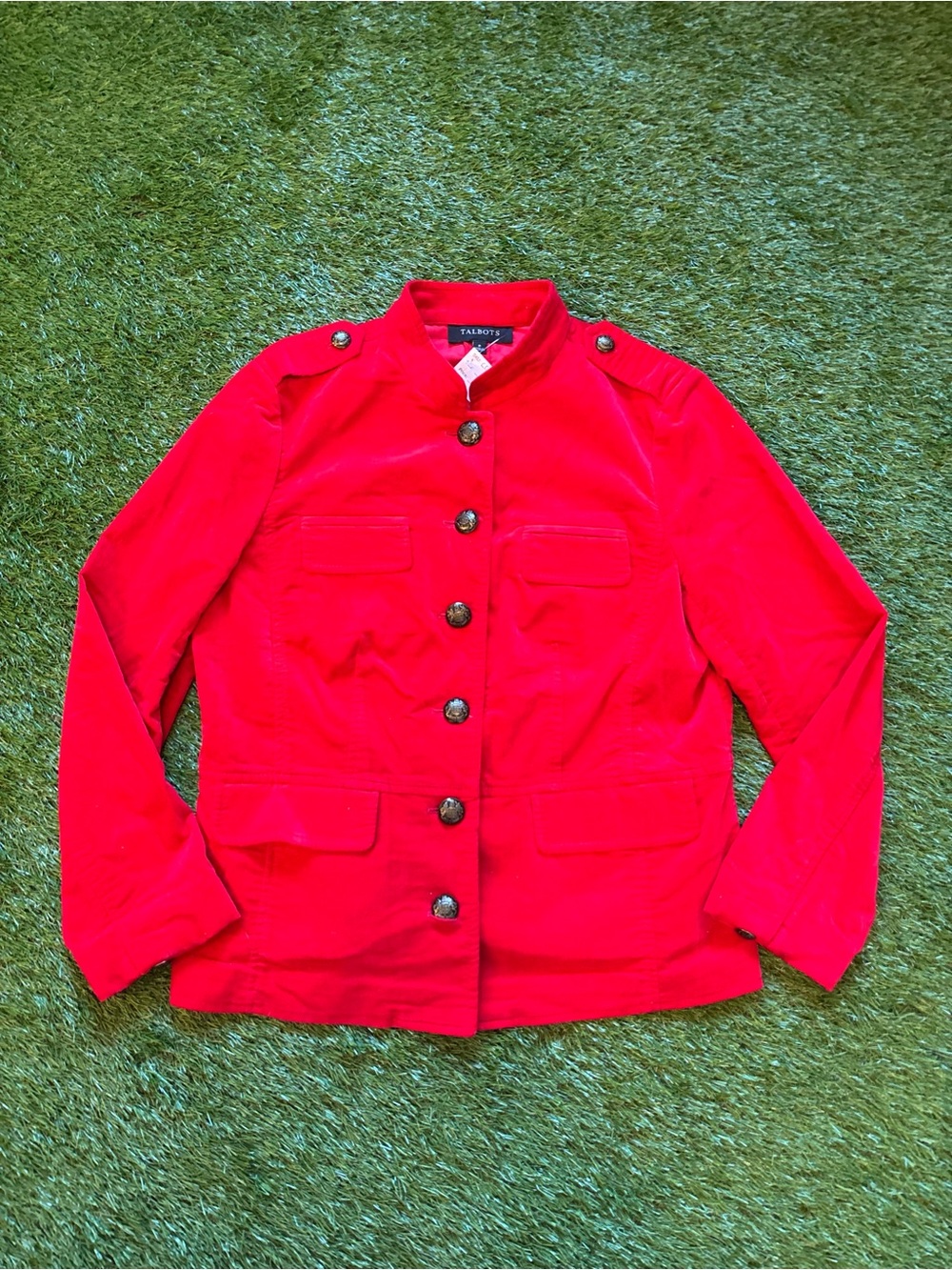 Talbots Red Military Utility Jacket Gold Crest Buttons Size 8